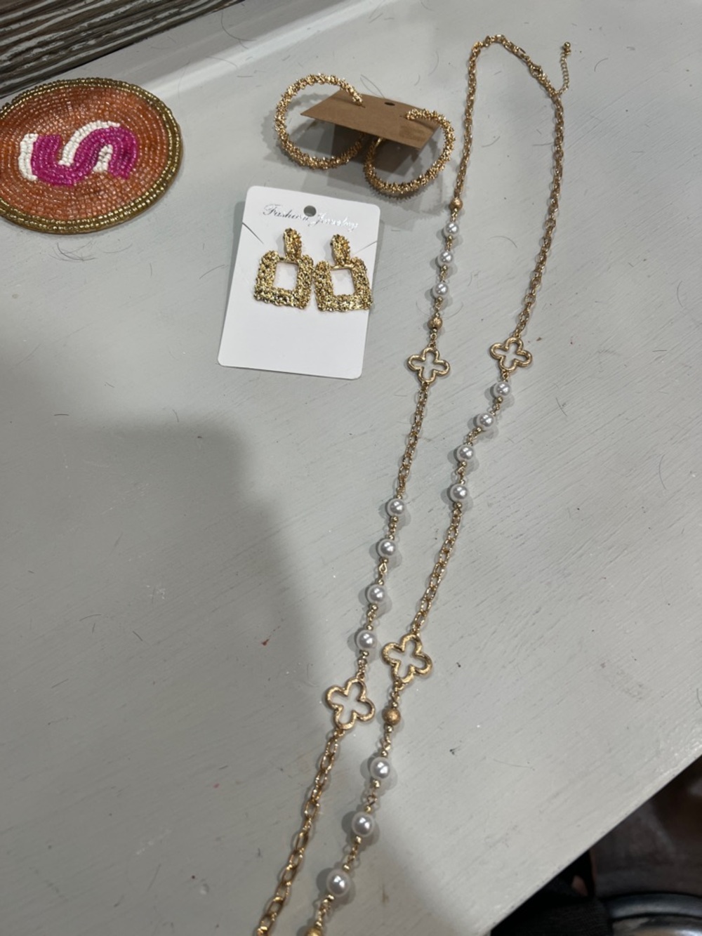 Gold Pearl Station Long Layered Necklace - Women Jewelry